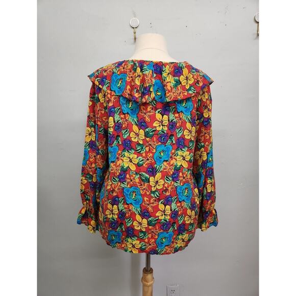 Vintage Silk Exchange 100% Silk Floral Tropical Hawaiian Ruffled Blouse Large - Picture 4 of 11